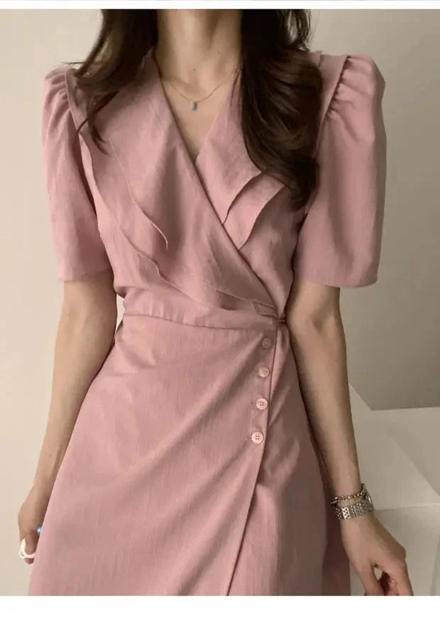 Summer New Chic V-ne Turn-down Collar Slimming Waist Midi Dr GlowCart