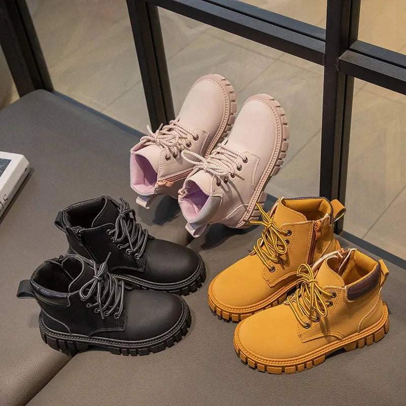 Fashion Boy Girl Short Boots Non-Slip British Style Boots Children's Side Zipper Design Single Boots Leather Boots Anti-skid GlowCart