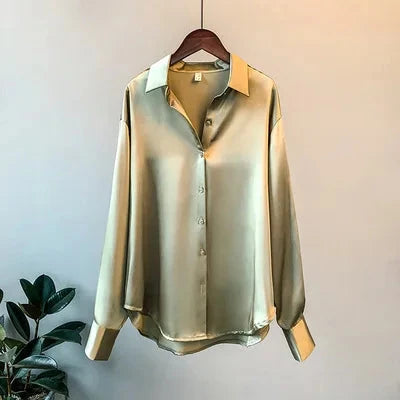 1pcs Woman Spring Autumn Satin Shirt Lady Long Sleeve Lapel GlowCart