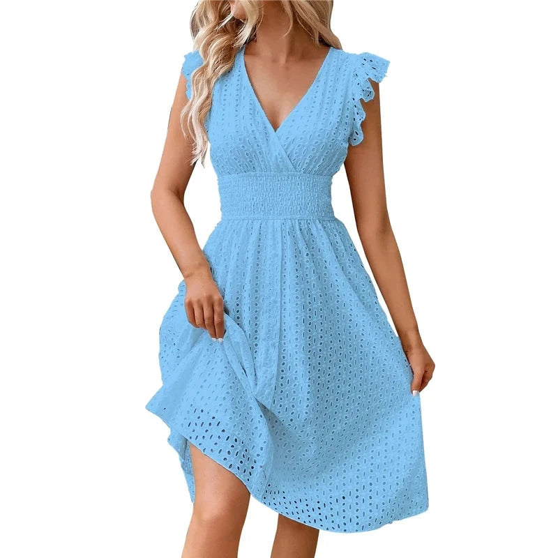 Summer Women V-Neck Beach Dress Flare Sleeve Solid Color GlowCart