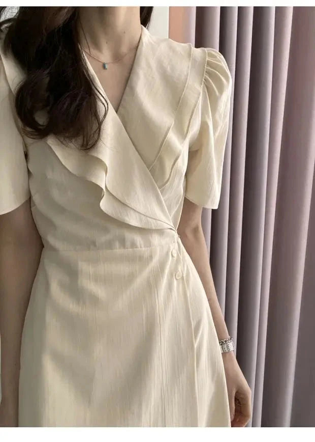 Summer New Chic V-ne Turn-down Collar Slimming Waist Midi Dr GlowCart