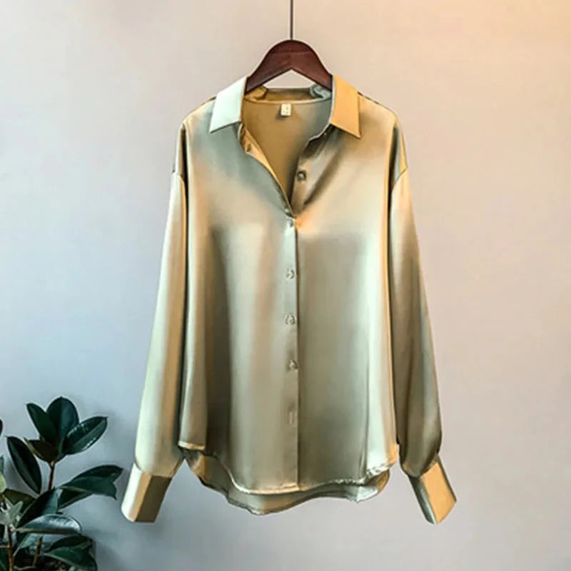 1pcs Woman Spring Autumn Satin Shirt Lady Long Sleeve Lapel GlowCart
