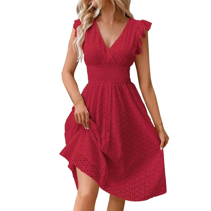 Summer Women V-Neck Beach Dress Flare Sleeve Solid Color GlowCart