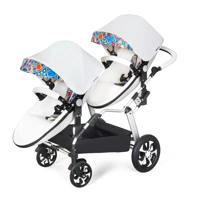 NEW Twins baby stroller 2 in 1 foldable two children PU leather waterproof stroller Double baby carriage twin strollers for 2 GlowCart