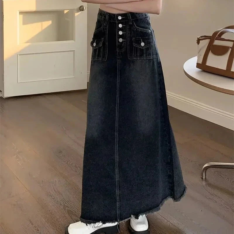 New Streetwear Denim Skirt Spring Summer Fashion Frayed Hem Pocket High Waist Long Jeans Skirt Loose Plus Size Skirt S-5XL GlowCart