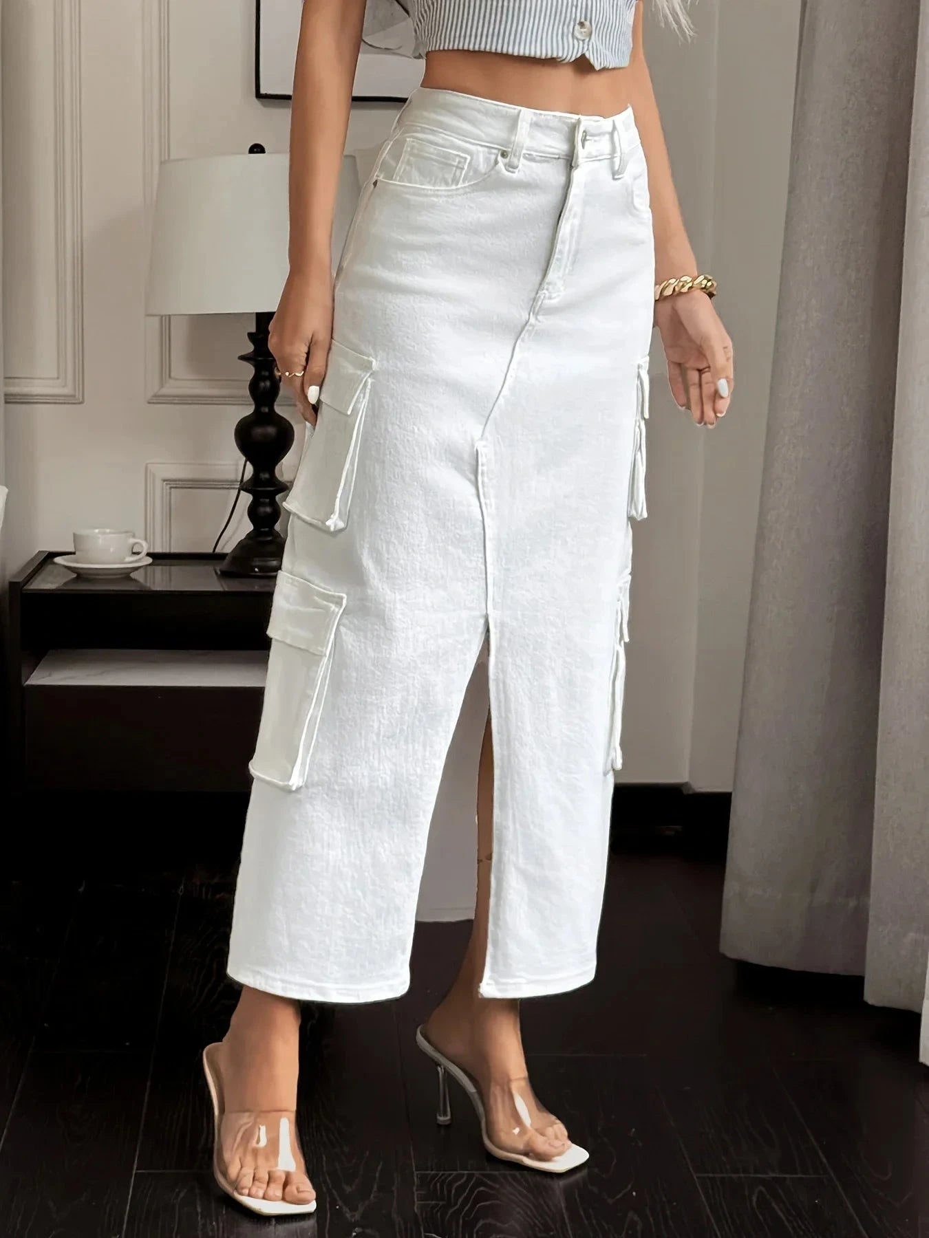 High Rise White Jeans Skirt with Cargo Pockets Split Hem Casual Denim Pants Women Streetwear Outfit for Summer Clothing GlowCart