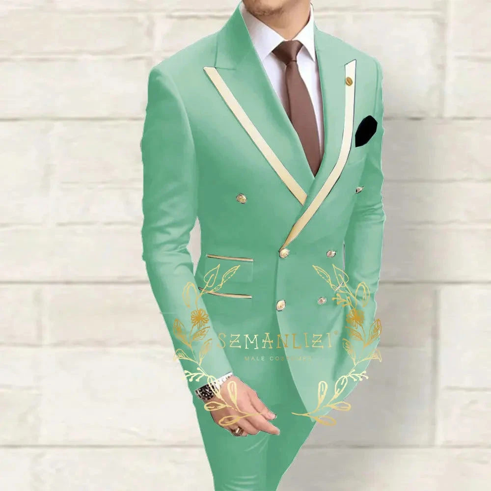 Double Breasted Men's Suits Navy Blue Peaked Lapel Slim Fit GlowCart