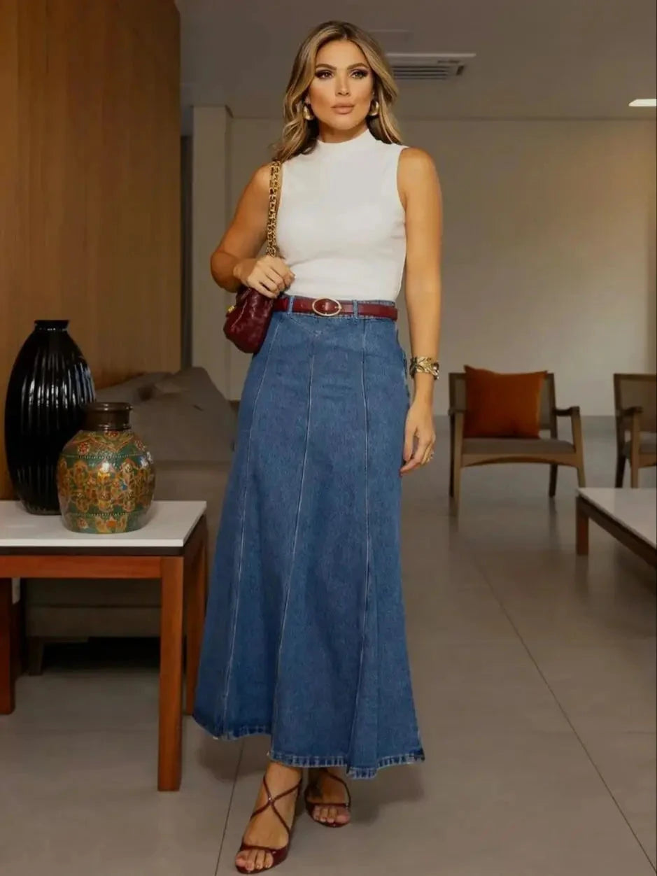 Women's dark blue denim skirt high waist elastic American retro denim long skirt casual design flared skirt GlowCart