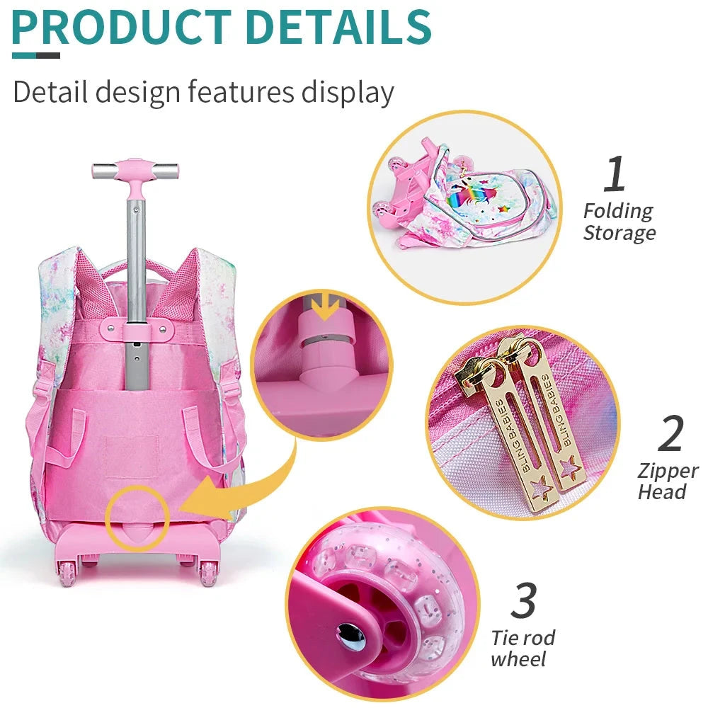 3PCS Rolling Backpack For Kids Wheeled School BookBag Golden Unicorn pattern design Glow-in-the-dark Function With Lunch Pen Bag GlowCart