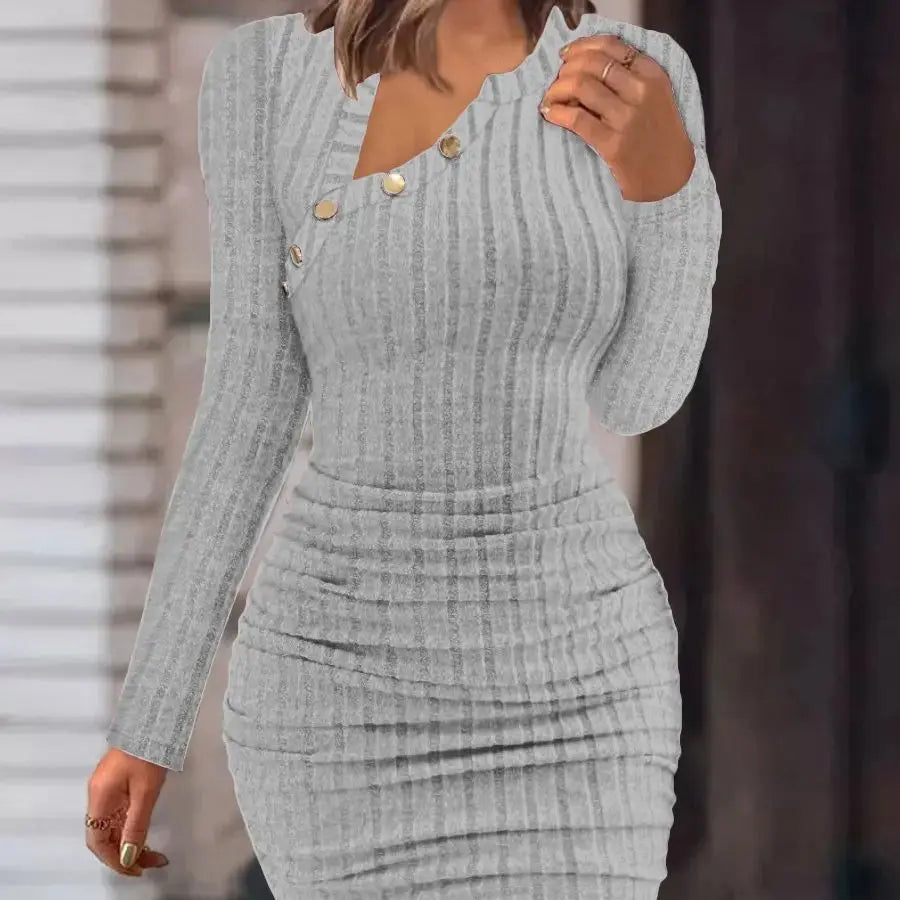 Button Crewneck Bodycon Dresses for Women Solid Color Ribbed Mini Wrap Dress Slim Fit Ruched Knitted Sweaters Dress GlowCart