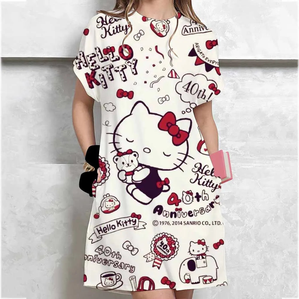 Women's long tshirt dress summer fashion girl Hello Kitty print oversized casual round neck short sleeved mini T-shirt dress ﻿ GlowCart