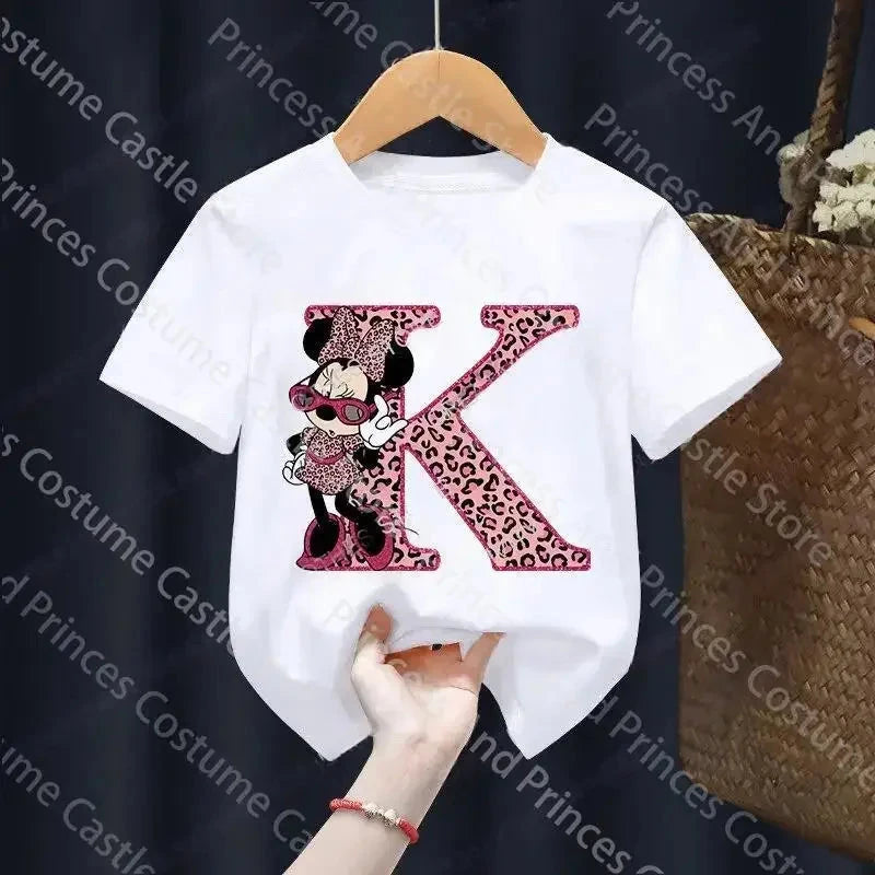 Letter A-Z Minnie Children  T-Shirts Name Combination Disney Kawaii Cartoons Clothes Kids Little Boy Girl Tee Shirts Casua GlowCart