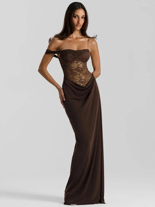Mozision One Shoulder Lace See Through Sexy Maxi Dress Women GlowCart