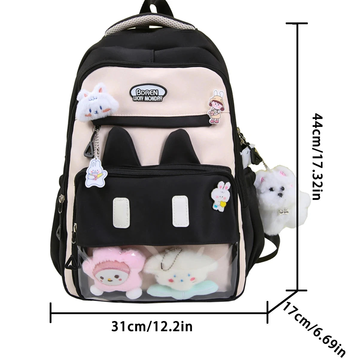 Cute Backpack School Bag Transparent Window Plush Puppy Cartoon Decor Large Capacity Nylon Zipper Adjustable Straps for Travel GlowCart