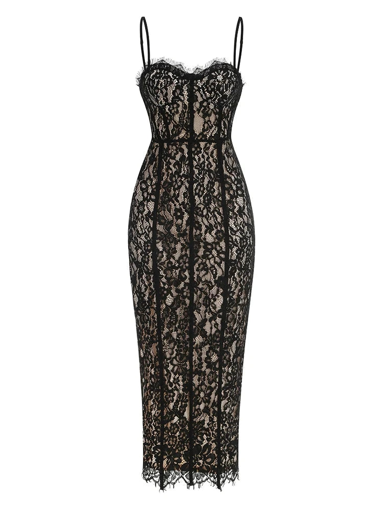 Sexy Spaghetti Strap V Neck Lace Long Dress Women Black GlowCart