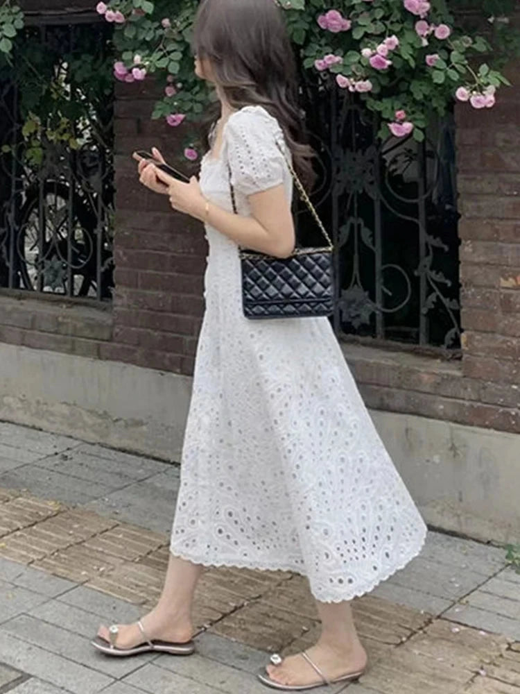 Korean Chic White Midi Dress Women French Hollow Out Sexy GlowCart