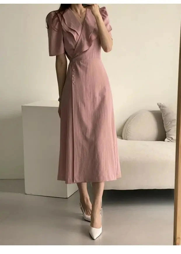 Summer New Chic V-ne Turn-down Collar Slimming Waist Midi Dr GlowCart