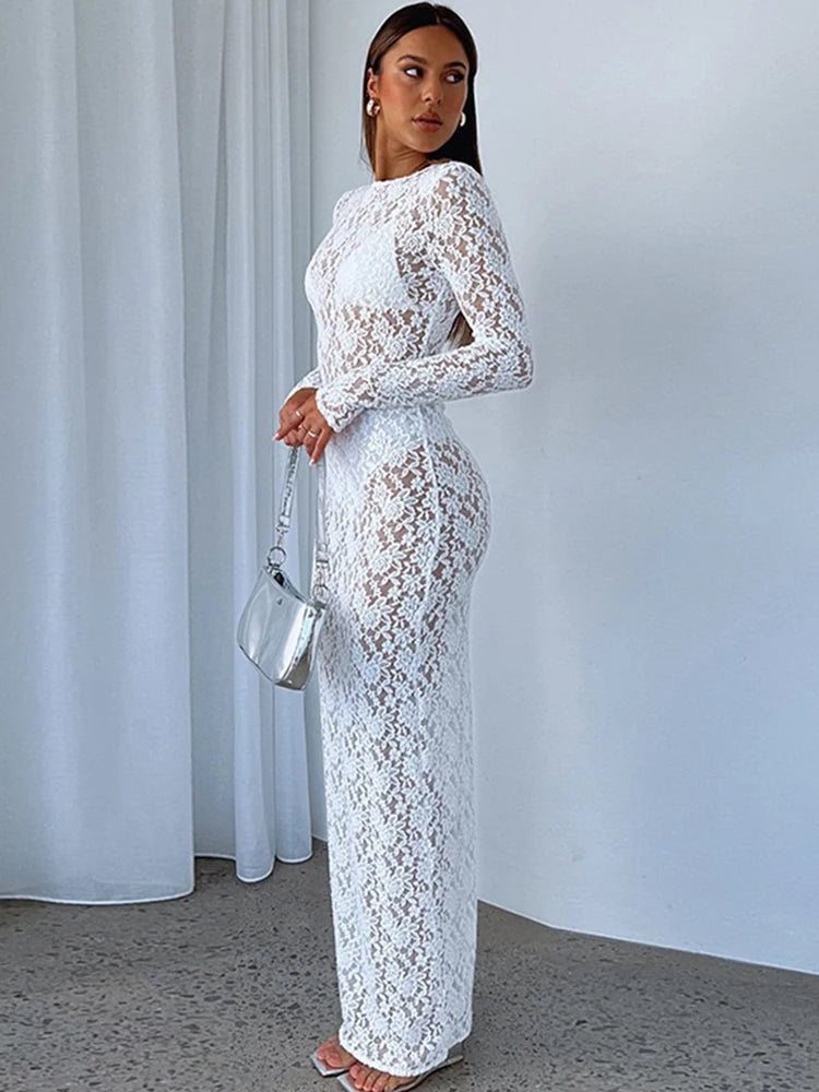 Trendix Sexy Lace See Through Dress Women's Solid Long Sleeve O Neck Elegant Evening Dresses Fashion Hollow Beach Party Dress GlowCart