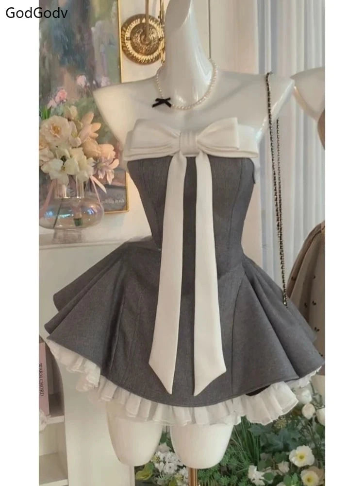 Summer New Vintage Elegant Woman Dress Strapless Bow GlowCart