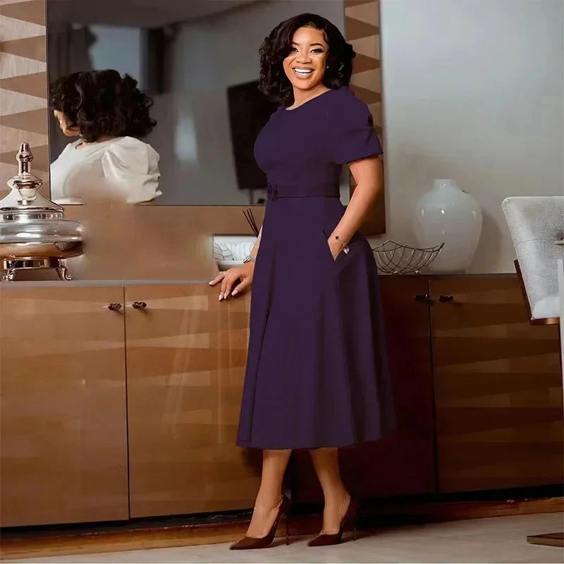 Ladies Office Dresses Women Formal Work O-Neck Puff Sleeve GlowCart