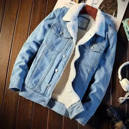 2022 Winter Fleece-lined Thickened Denim Jacket Men's Korean GlowCart