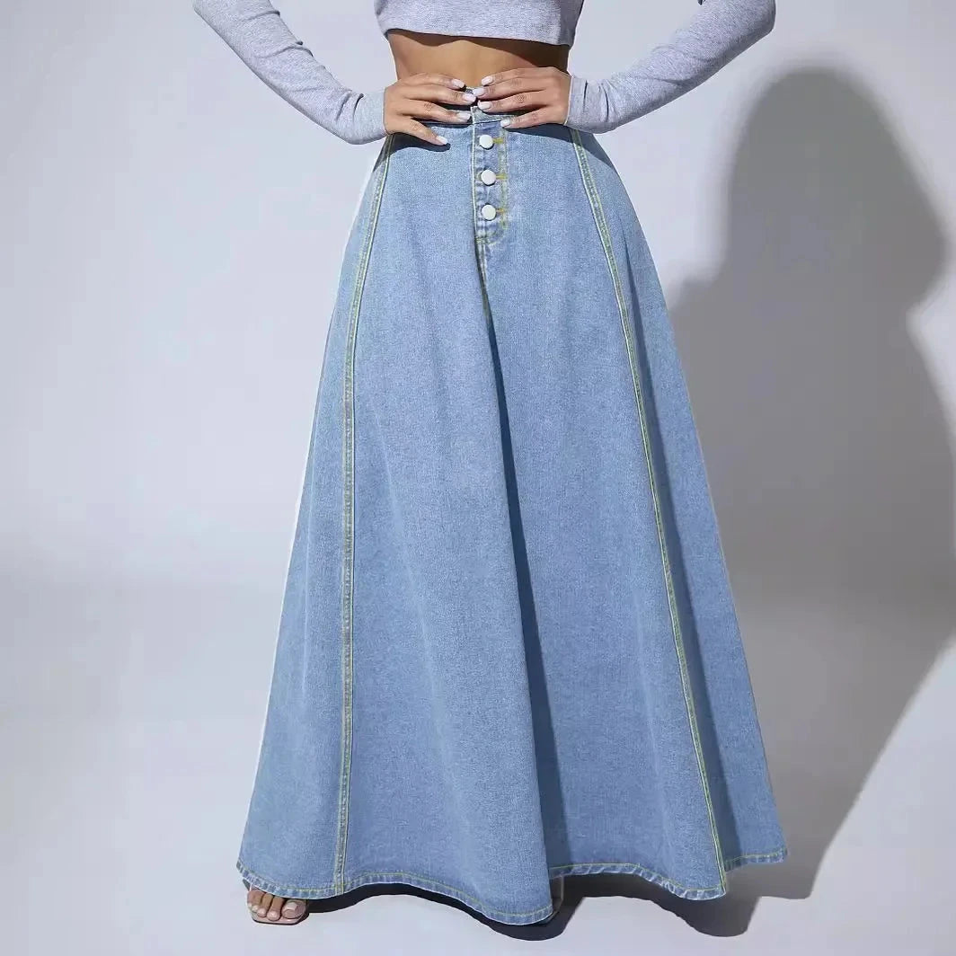 Denim Skirts Women Long Skirt A Line Single Breasted High Waist Jeans Vintage Maxi Simple Casual Elegant Splice Y2k Streetwear GlowCart