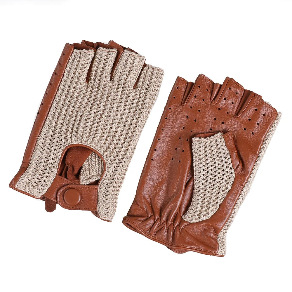 Men's Genuine Leather Driving Gloves motorcycle Fingerless Glove Sheepskin With Cotton Crochet GlowCart
