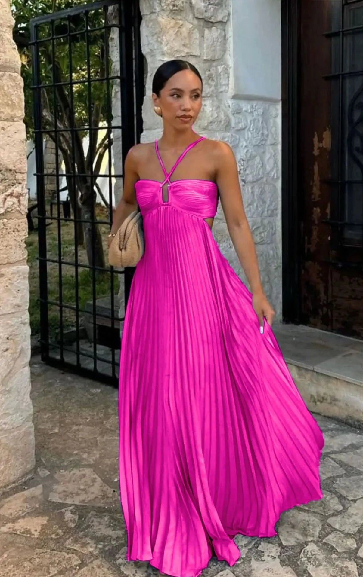2025 High Waist Pleats Robe Dress Casual Sleeveless Solid GlowCart
