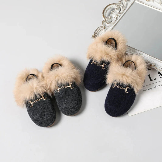 AS New Kids Fur Shoes Children Slides Baby Girls Slip On Outdoor Slippers Toddler Boys Gray Brand Flats Soft Princess Slides GlowCart