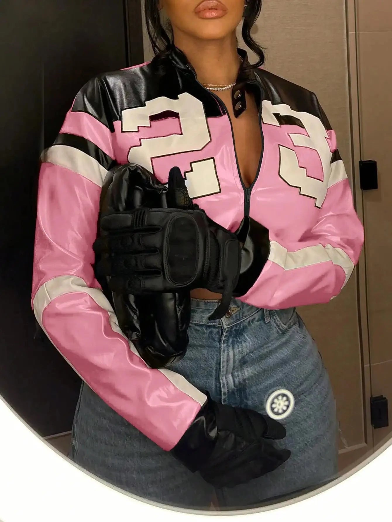 2025 Women's Faux Leather Jacket Short Red Coat Zipper GlowCart