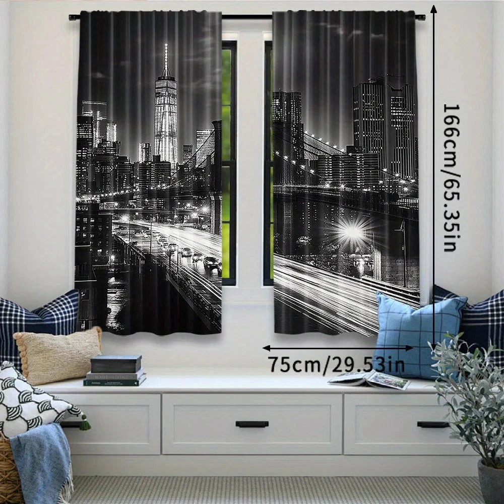 2PC New York Skyline Blackout Curtains - Woven Polyester GlowCart