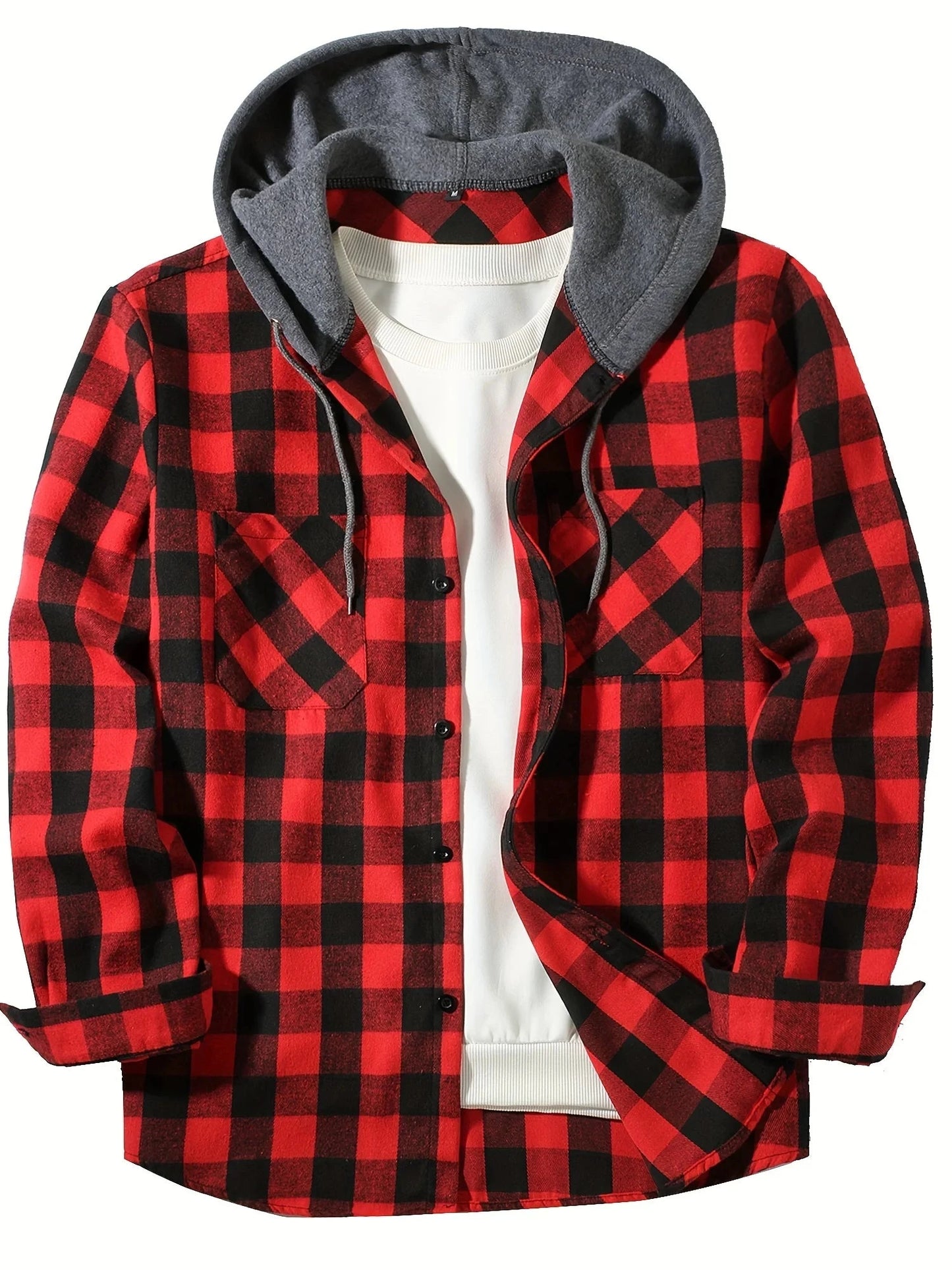 Youth Fashion Street Hooded Plaid Shirt Men's Slim Fit Long GlowCart