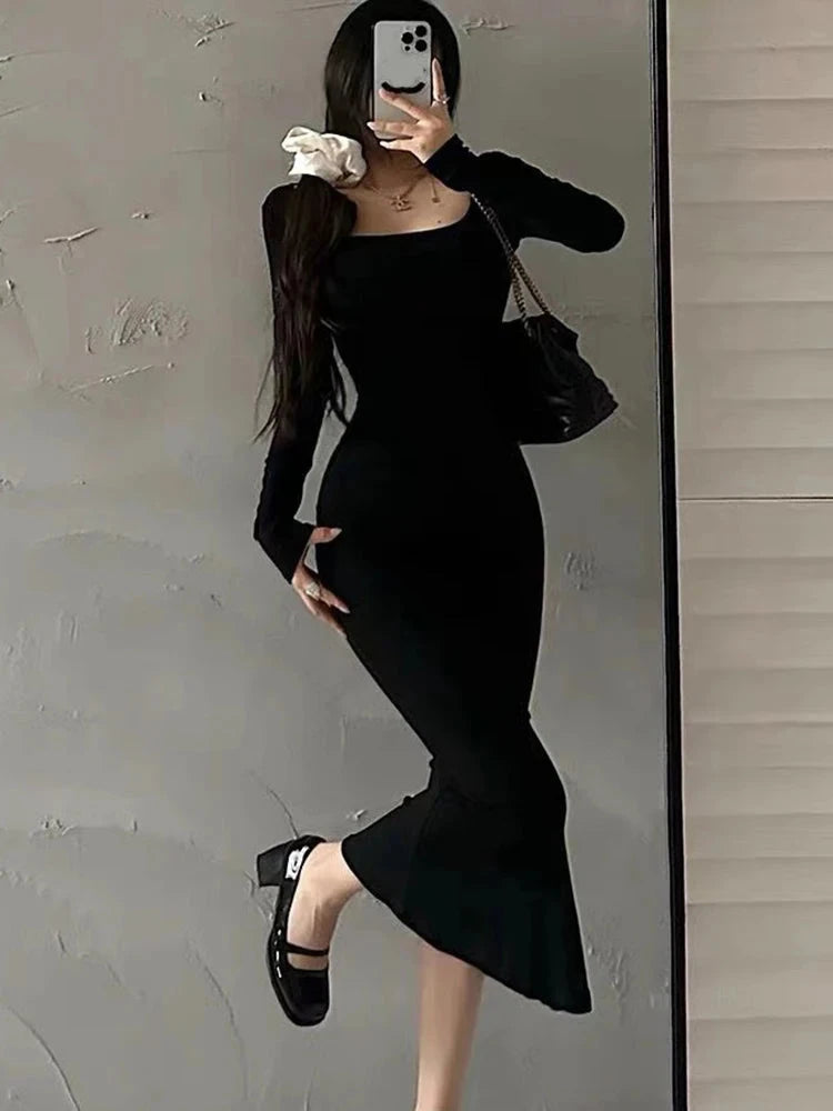 Ribbed Solid Long Sleeve Square Neck Skinny Bodycon Dress GlowCart