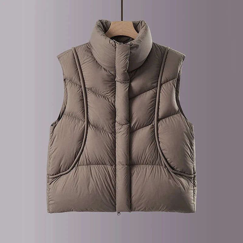 Autumn Winter Stand Collar Curved Puff Down Vest Women White GlowCart