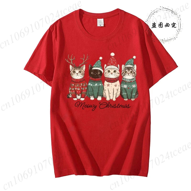 Meowy Christmas Cat Print Women Fashion T Shirt Girl O Neck GlowCart