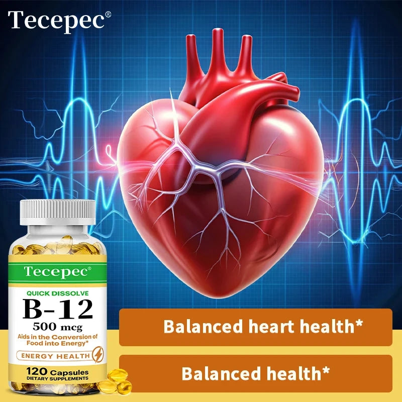 Vitamin B-12 500mcg Capsules for Heart Health Support Energy GlowCart