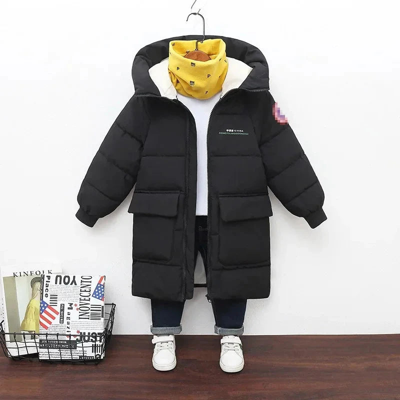 Winter New Teen Boys Jacket Long Style Solid Color Thick Keep Warm Hooded Windbreaker For 3-10 Years Kids Down Cotton Outwear GlowCart
