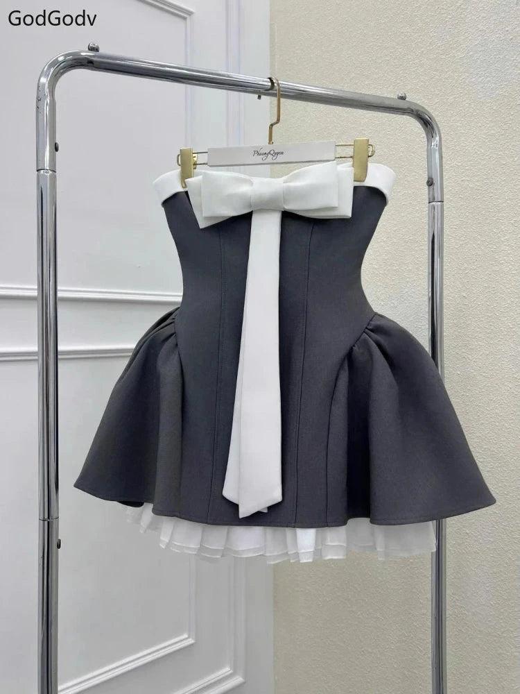 Summer New Vintage Elegant Woman Dress Strapless Bow GlowCart