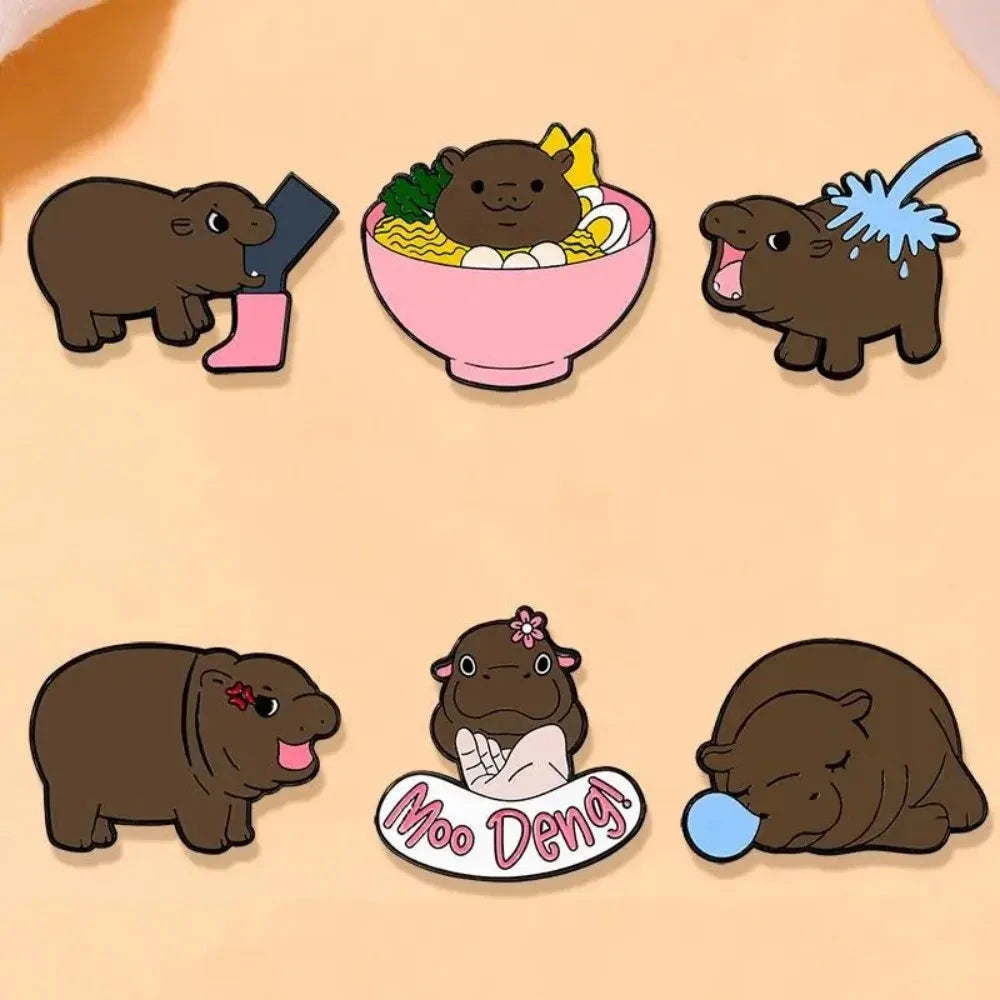 Cute Hippopotamus Enamel Brooch Cartoon Animal Thai MooDeng GlowCart