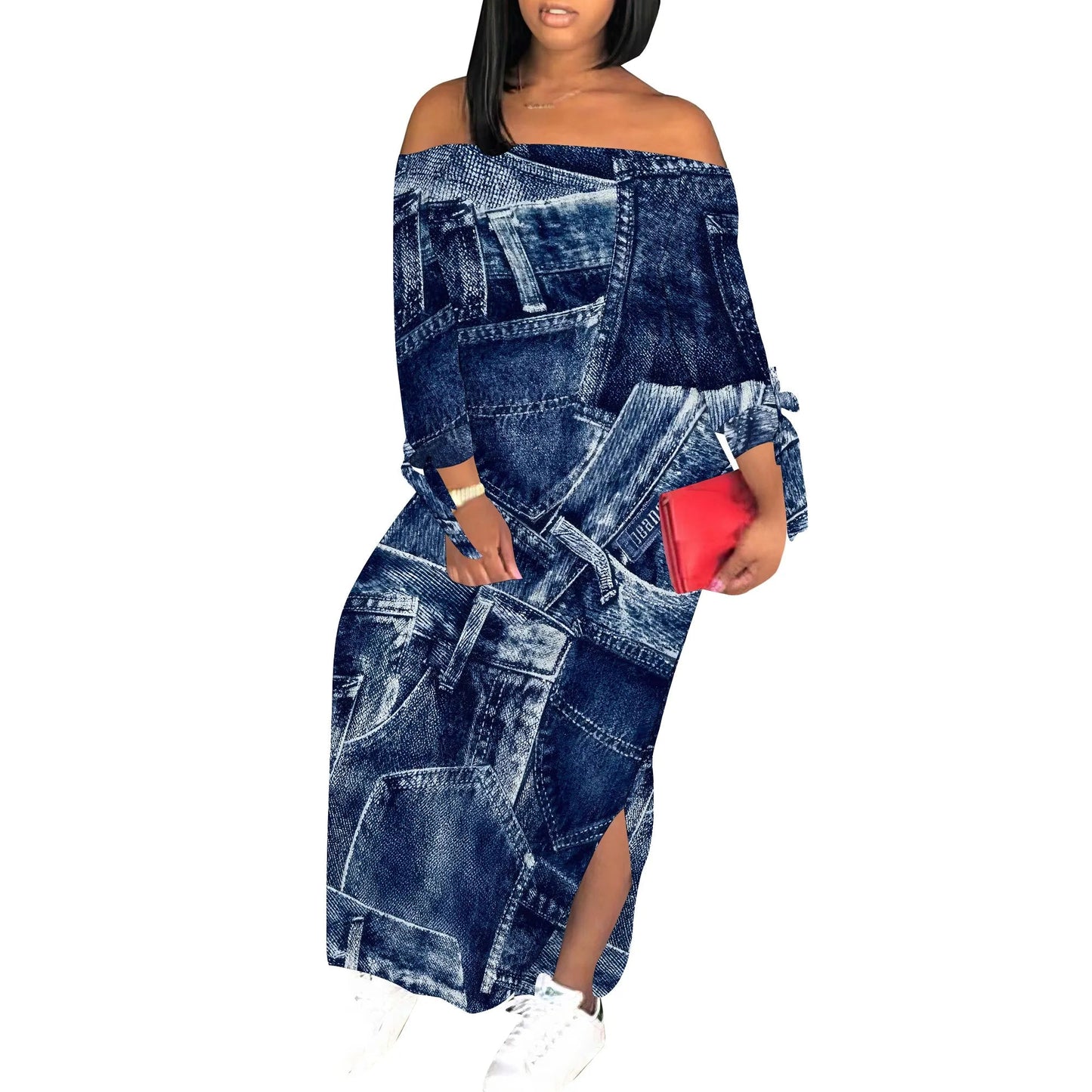 Denim Retro Print Long Sleeve Slim Fit Elegant Casual Slit One-Shoulder Neck Dress GlowCart