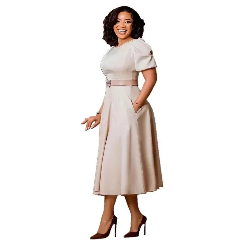 Ladies Office Dresses Women Formal Work O-Neck Puff Sleeve GlowCart