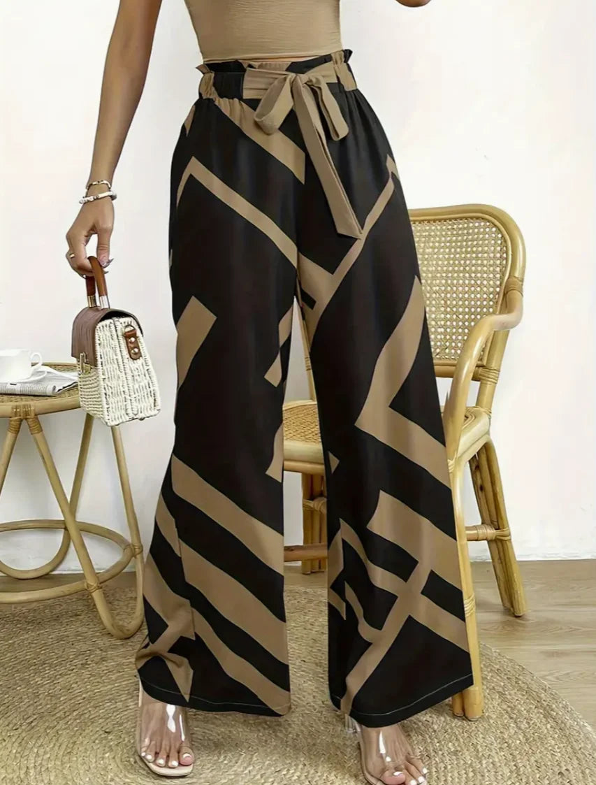 Geometric Pattern Print Wide Leg Pants Casual Loose Bow