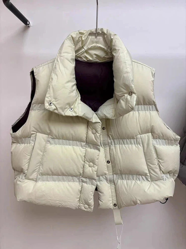 Autumn Winter Solid Stand Collar Puff Down Vest Women White GlowCart