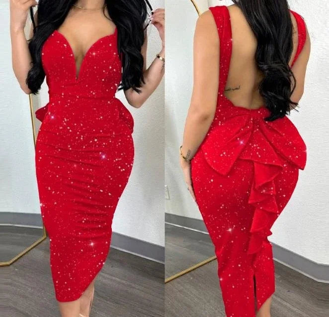 Dress for Women Streetwear Elegant Solid Color Hip Wrap Open Back Deep V High Waist Split Bodycon Dresses 2024 Spring and Summer GlowCart