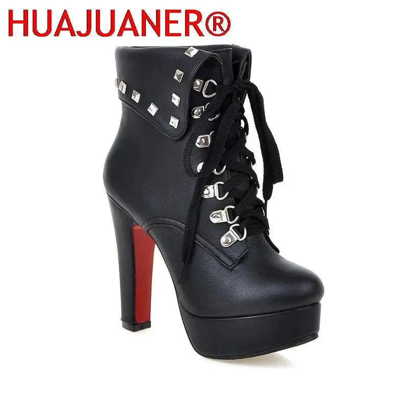 Winter Style Thick High Heels Rivets Lace Up Ankle Boots GlowCart