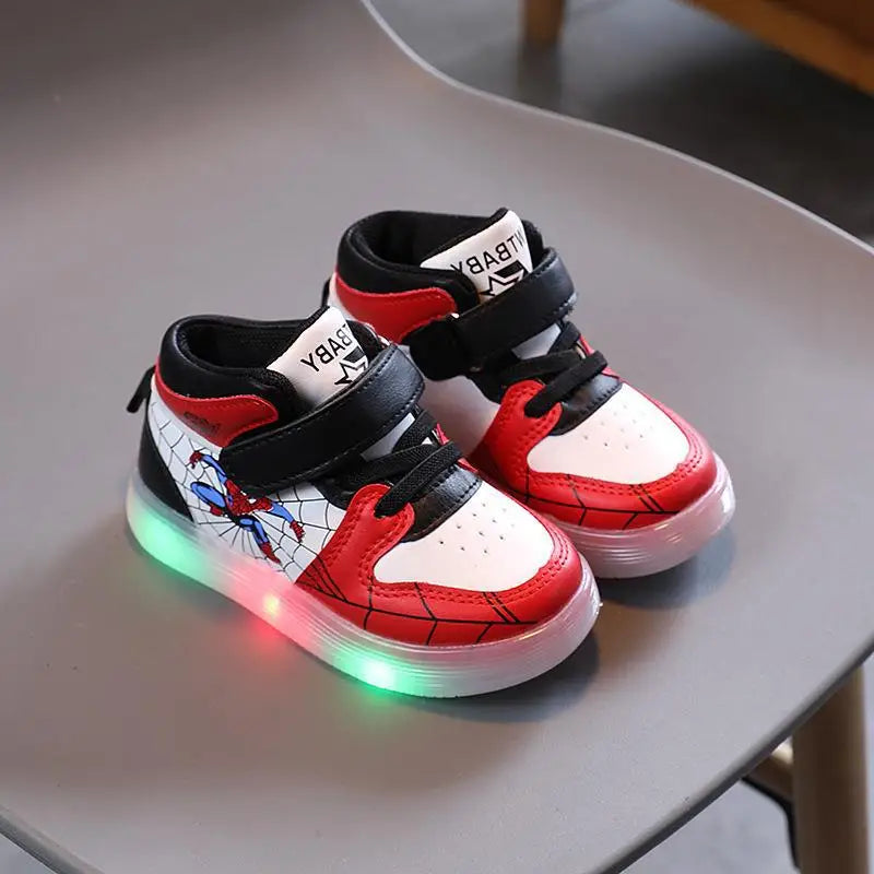 Disney Children's Sneakers Boys Girls Spiderman Led Light Sport Shoes Student Shoes Hook Anti-slip Kids Outdoor Basket Shoes GlowCart
