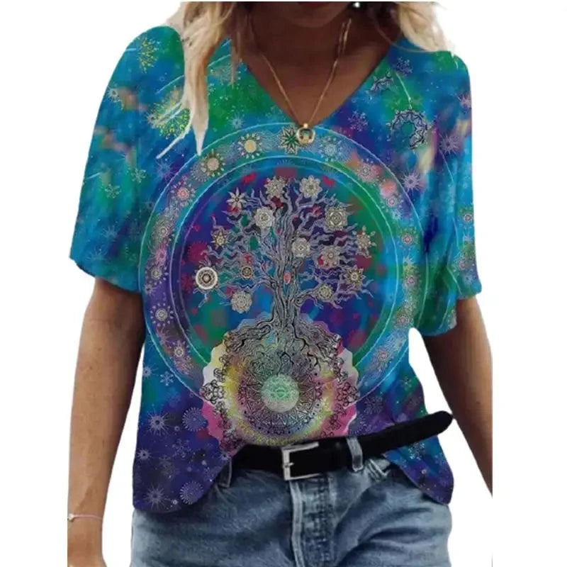 Women's T Shirts V-neck 3d Art Print Tops Loose Short Sleeve GlowCart