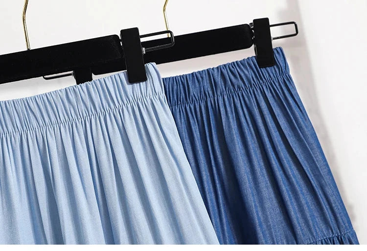 Soft Slik Denim Midi Skirt for Women Blue Jean Elastic Waist Tiered Flared Long Skirt Summer Vintage Casual Daily Outfit GlowCart