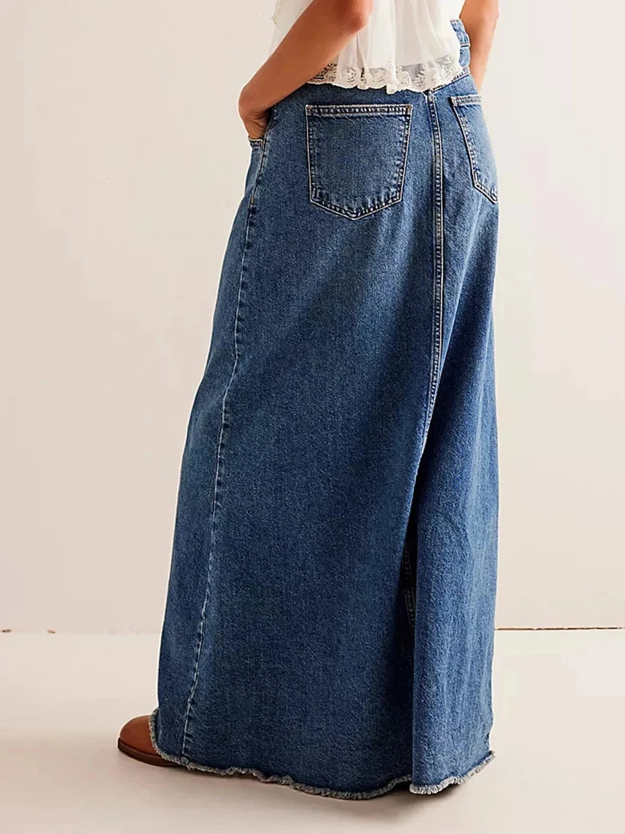 Women Y2K Vintage Denim Maxi Skirt High Waist A-Line Frayed Hem Loose Long Jean Skirt OOTD Streetwear GlowCart
