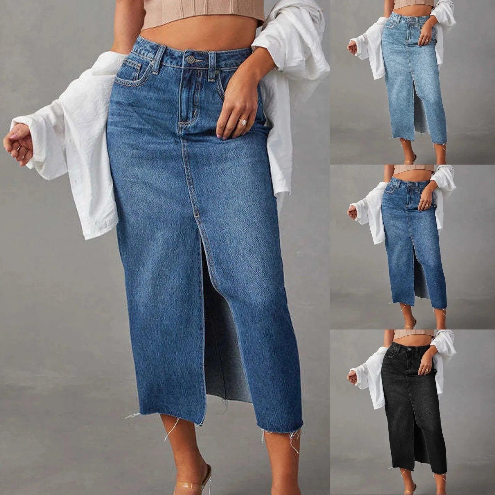 2024 Summer Midi Skirts Vintage Korean Style Skirts For Women Black Blue Jeans Skirt High Waisted Denim Skirt Front Slit GlowCart